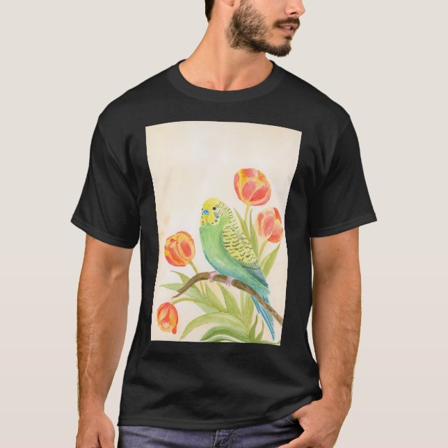 Parakeet with Tulips Exotic Pets T Shirt (Framsida)