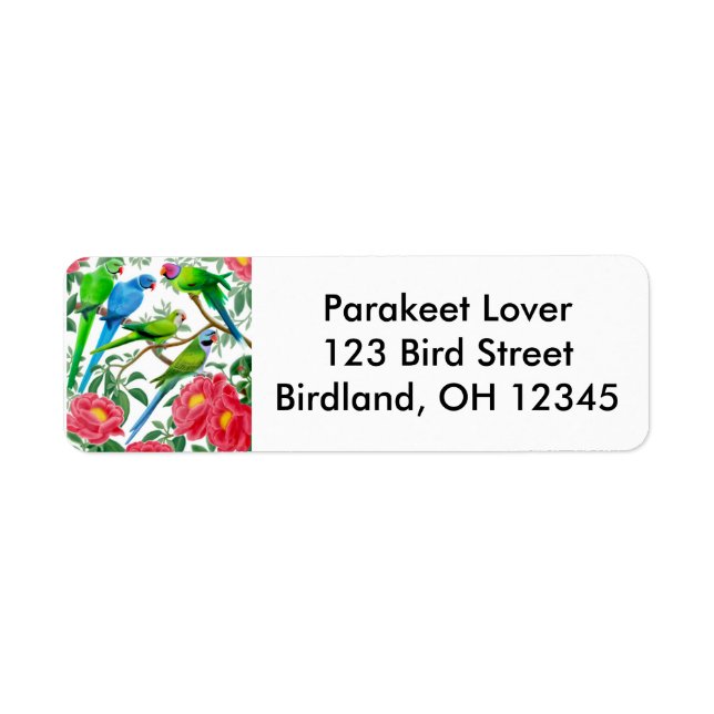 Parakeets i Peonies Label Returadress Etikett (Framsidan)