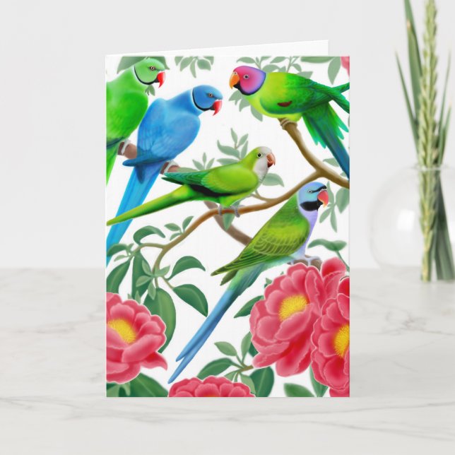 Parakeets och Peonies Card Kort (Framsida)