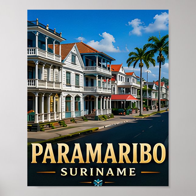 Paramaribo koloniala strandpromenad och tropiskt k poster (Framsidan)