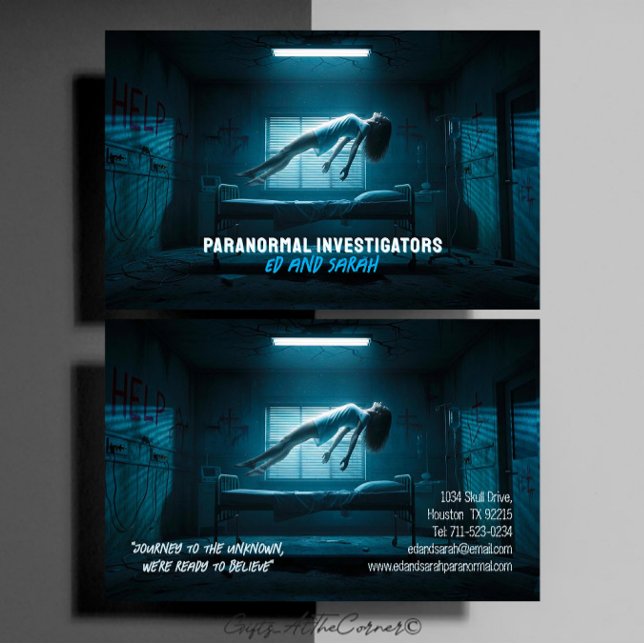 Paranormala utredare kuslig spökande levitation visitkort (Skapare uppladdad)