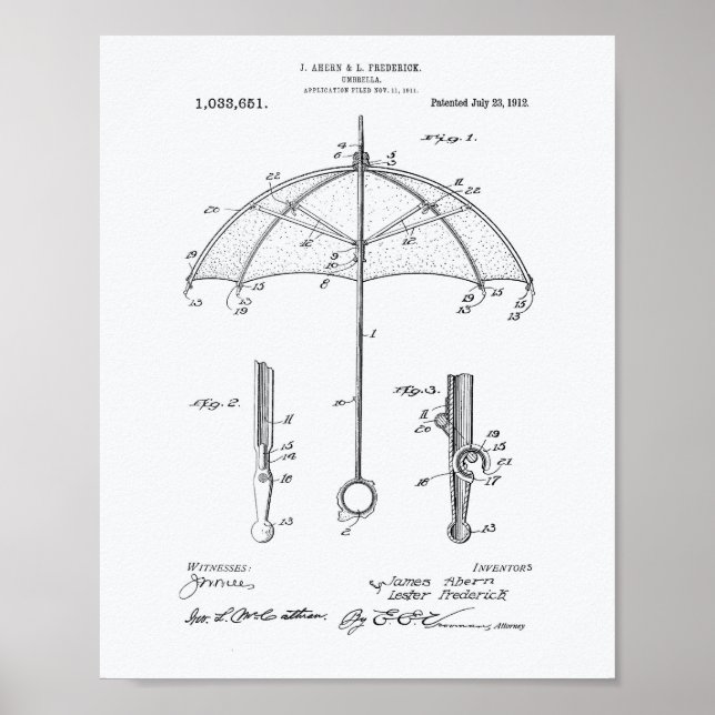 Paraplla 1912 Patent Art White Papper Poster (Framsidan)