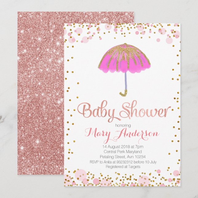 Paraplla Baby Shower-inbjudan Guld Glitter ROSA Inbjudningar (Fram/baksida)