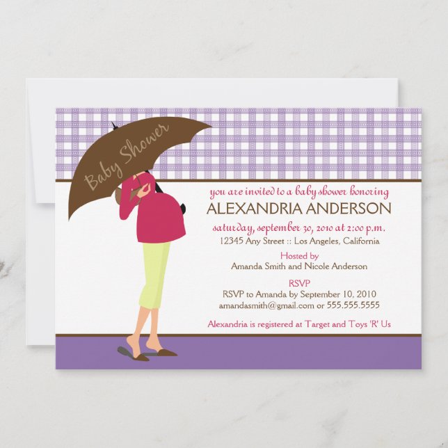 Paraplla Mamma Gingham Baby Shower Inbjudan (lila) (Framsida)