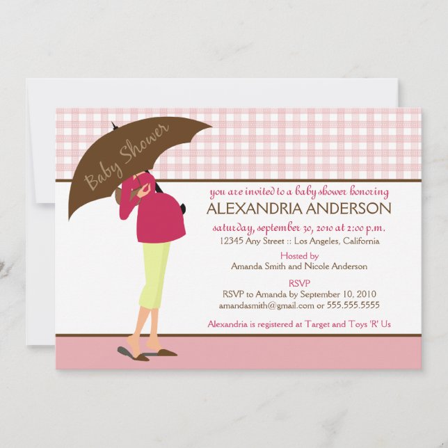 Paraplla Mamma Gingham Baby Shower Inbjudan (rosa) (Framsida)