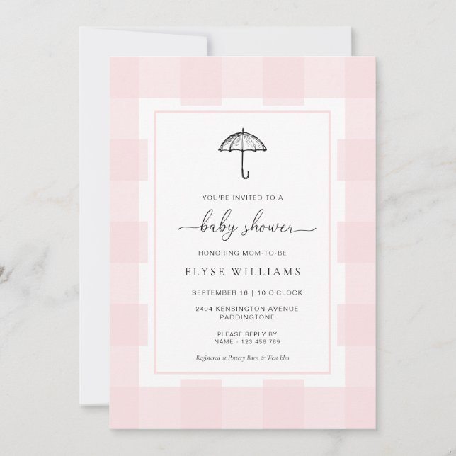 Paraplla Rosa Gingham Baby Shower Inbjudningar (Framsida)