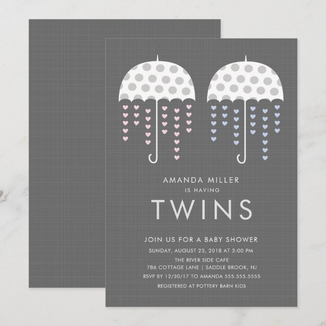 Paraplla TWILLINGARS Girl Boy Baby Shower-inbjudan Inbjudningar (Fram/baksida)