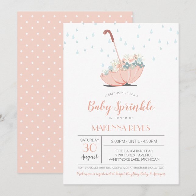 Paraply med Flowers Girl eller Twillingar Baby Spr Inbjudningar (Fram/baksida)