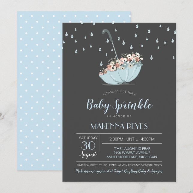 Paraply med stänk för baby för blommagender inbjudningar (Fram/baksida)