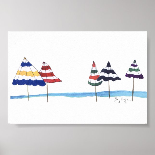 Paraplyer på Beach Poster och skriver ut (Framsidan)
