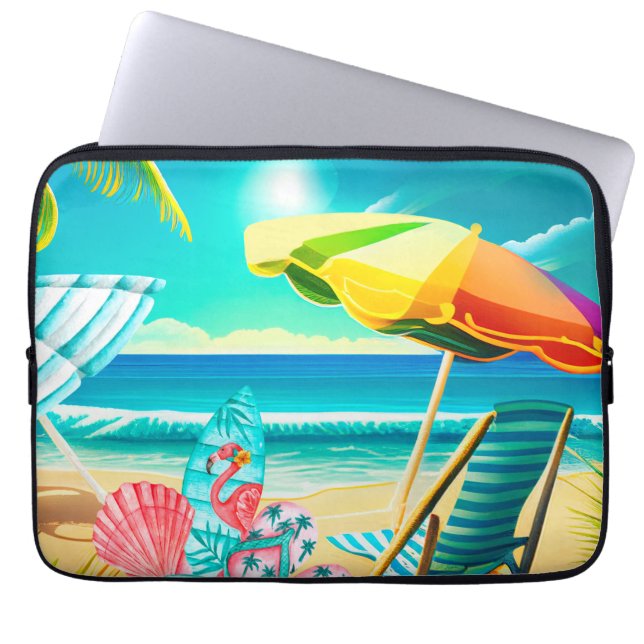 Paraplyer vid sommarstranden, ytskikt och träd laptop fodral (Framsidan)