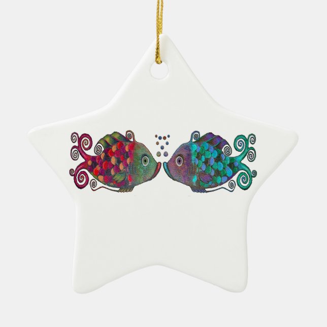 Parar den nyckfulla fisken för två regnbåge julgransprydnad keramik (Framsidan)