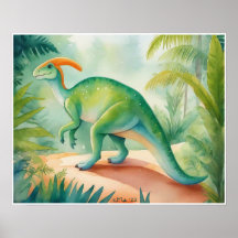 Parasauralophus Watercolor Dinosaur Nursey Art