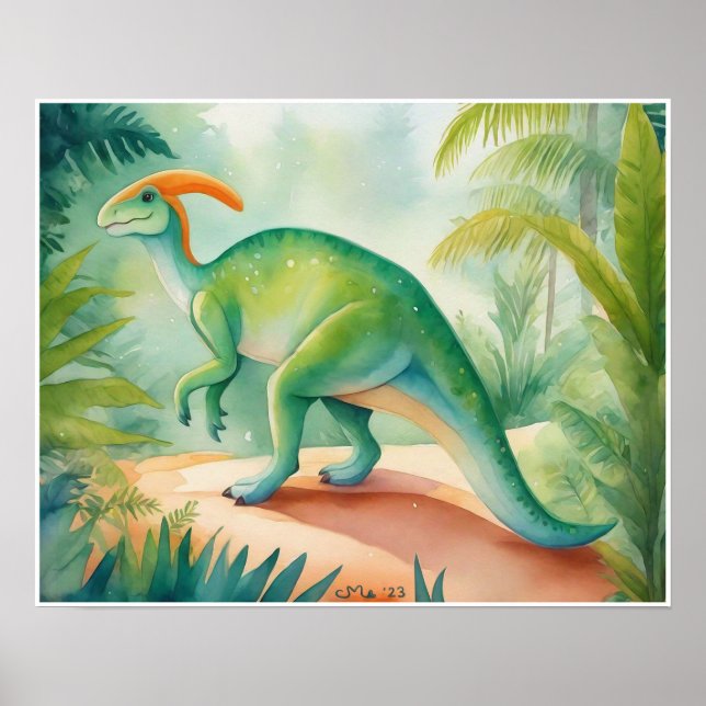 Parasauralophus Watercolor Dinosaur Nursey Art Poster (Framsidan)