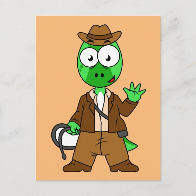 Parasaurolophus utklädd som Indiana Jones. Vykort (Framsida)