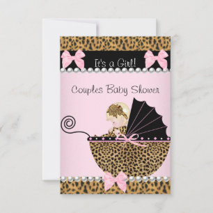Parbabyshower Söt blond flicka Rosa leopard Inbjudningar