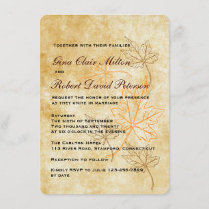 Parchment Orange Brown Löv Vintage Fall Wedding Inbjudningar