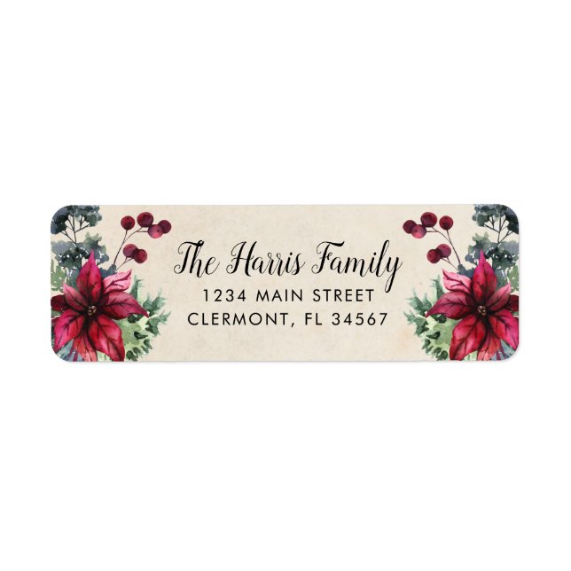 Parchment Papper Red Poinsettia Holly Berries Labe Returadress Etikett (Framsidan)