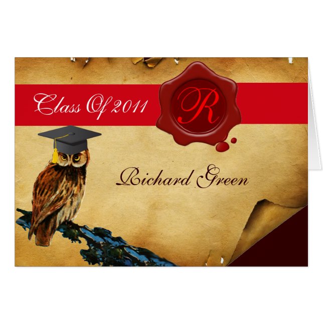 PARCHMENT studenten UGGLA RED VAX SEAL MONOGRAM Hälsningskort (Framsidan Horizontal)