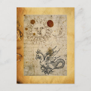 PARCHMENTET SOL, MÅNE OCH BASILISK ANTIK VYKORT