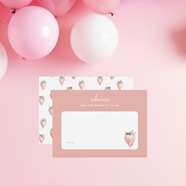 Parenteringsråd för sommarvattenfärg jordgubbsjord anteckningskort (pink coquette advice for the parents blank card for a berry sweet baby shower. Watercolor strawberry)