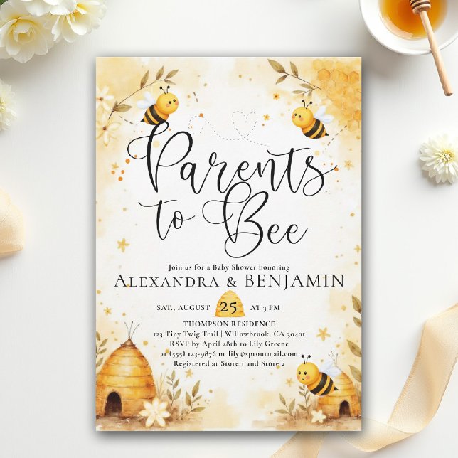 Parents Bee Summer Honey Floral Coed Baby Shower Inbjudningar (parents to bee baby shower theme invitation spring summer little honey watercolor elegant floral)