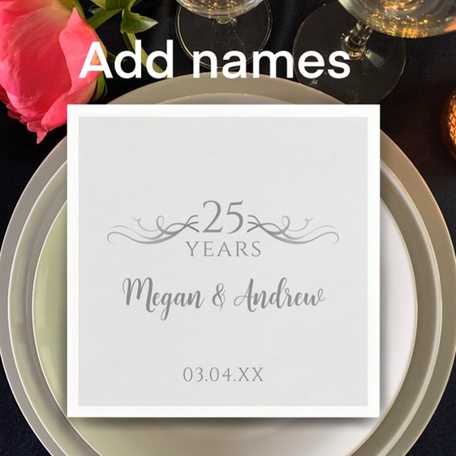 Paret namn Modern 25-årsdag Pappersservett (Customize this unique elegant silver 25th wedding anniversary party napkin w/ couple’s names & date
)