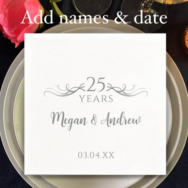 Paret namn Modern 25-årsjubileum för bröllop Pappersservett (Add couple’s names and wedding anniversary date for elegant 25th wedding anniversary party napkins)
