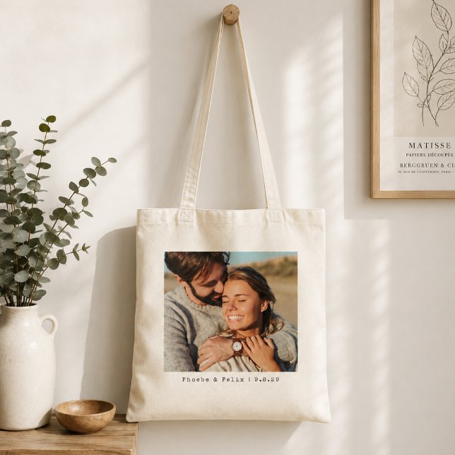 Parfoto Totebag | Anpassad Bröllopssouvenir Tygkasse (Personalized couple photo tote bag with custom names and date for a thoughtful keepsake gift.)
