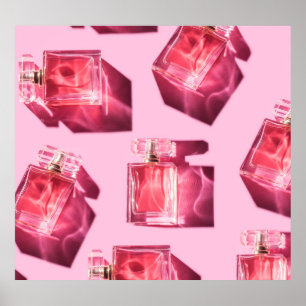 Parfym flaskor, rosa bakgrund, flatlay poster