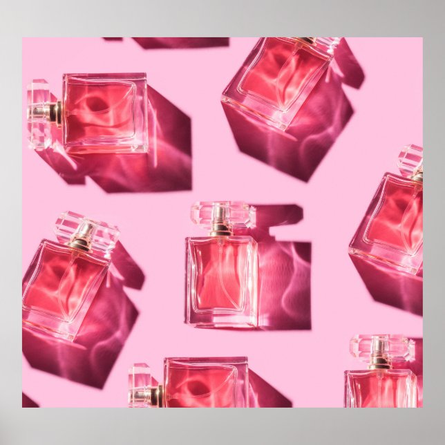 Parfym flaskor, rosa bakgrund, flatlay poster (Framsidan)
