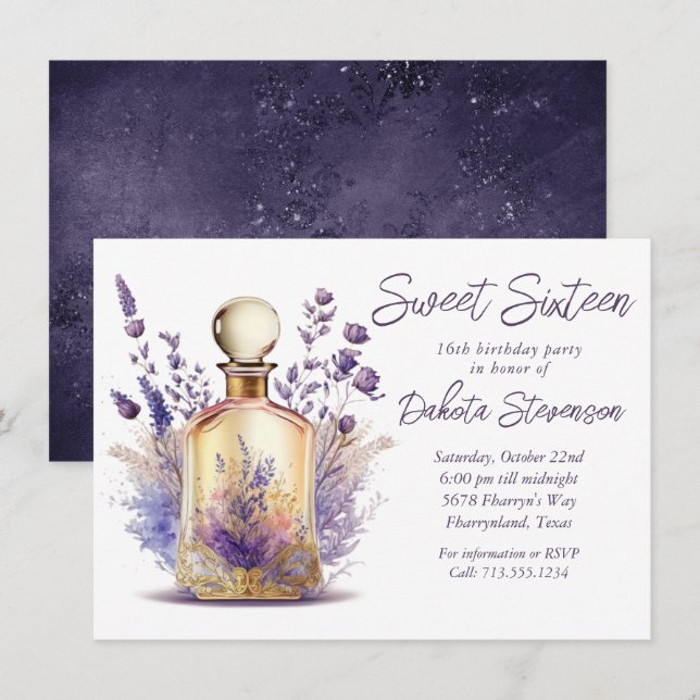 Parfym och Lavender | Söt 16 Födelsedagsfest Inbjudningar (Fram/baksida)