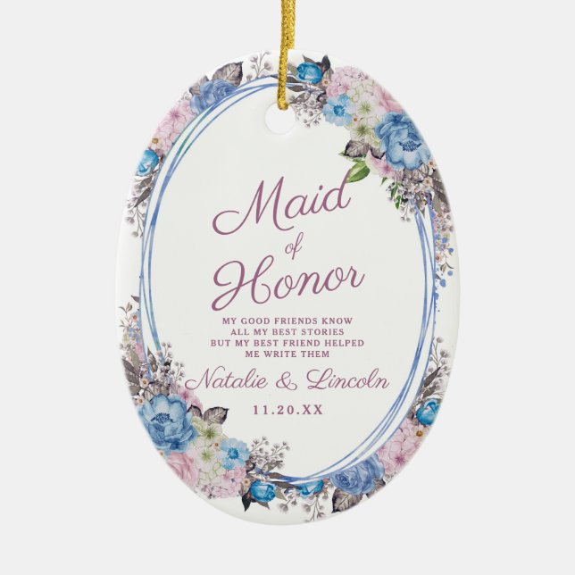 Pariesisk charmblått och Rosa Maid of honor-citat Julgransprydnad Keramik (Framsidan)