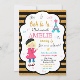 Parifödelsedagsinbjudan Girl Eiffel torn inbjudan