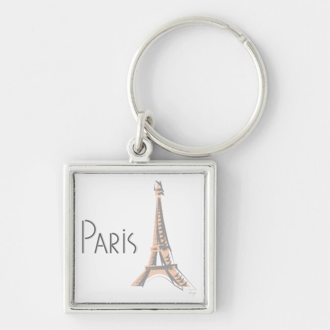 PARIS Abstrakt Grått Eiffel Torn Fyrkantig Silverfärgad Nyckelring (Framsidan)