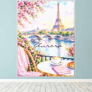 Paris akvarell Eiffeltornet Rosa Blommig Fransk Canvastryck