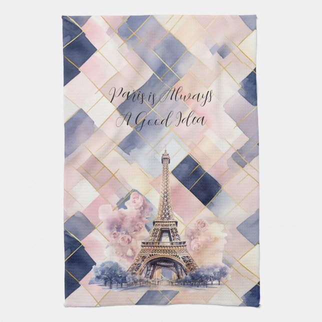Paris är alltid en bra idé Eiffeltornet Blå Rosa Kökshandduk (Vertikal)