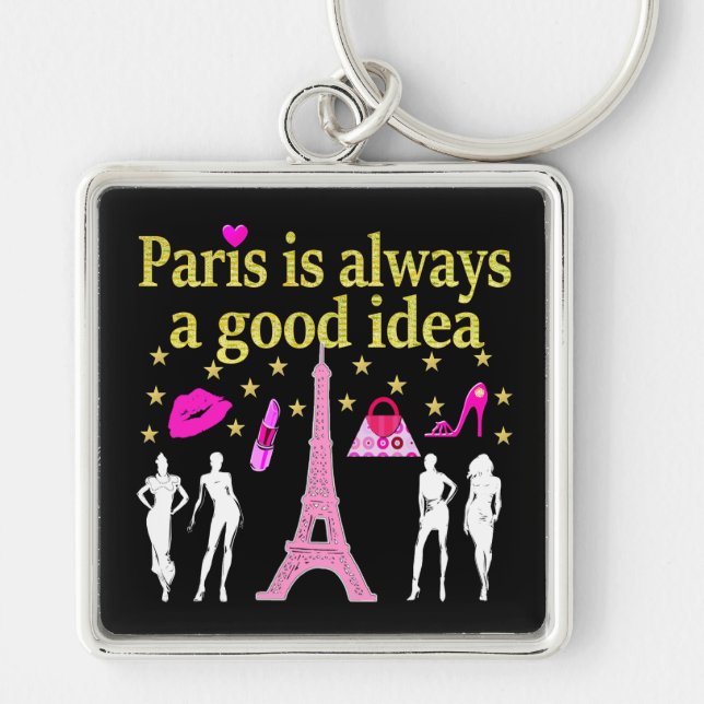 PARIS ÄR ALLTID EN BRA IDÉ FYRKANTIG SILVERFÄRGAD NYCKELRING (Framsidan)