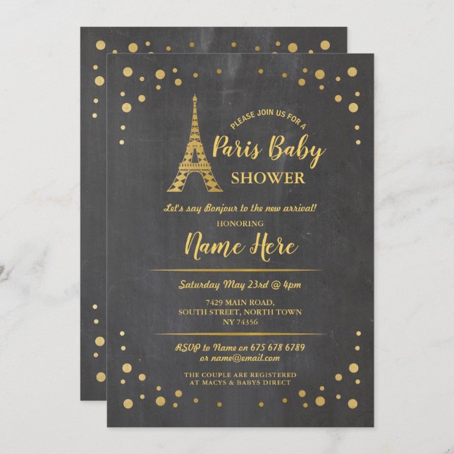 Paris Baby Shower Chalk Guld Eiffel Torn Inbjudningar (Fram/baksida)