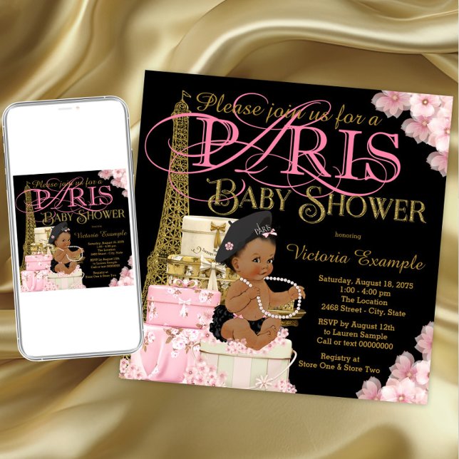 Paris Baby Shower-inbjudningar för flickor Inbjudningar (Pink black and gold Paris baby shower invitation. Instant download and printed invitations available)