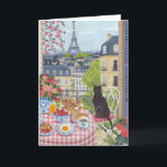 Paris Balcony Cat Breakfast Eiffel Tower Greeting Kort<br><div class="desc">Send a touch of Parisian charm with this beautiful greeting card featuring a cozy balcony breakfast overlooking the rooftops of Paris and the Eiffel Tower. A black cat sits peacefully beside a table filled with croissants, strawberries, coffee, and blooming flowers, capturing the relaxing atmosphere of a Paris morning. Perfect for...</div>