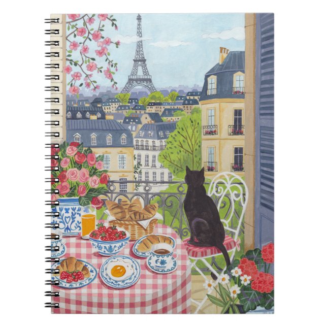 Paris Balcony Cat Breakfast Eiffel Tower Notebook Anteckningsbok (Framsidan)