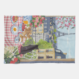 Paris Balcony Cat Breakfast Eiffel Tower Tea Towel Kökshandduk