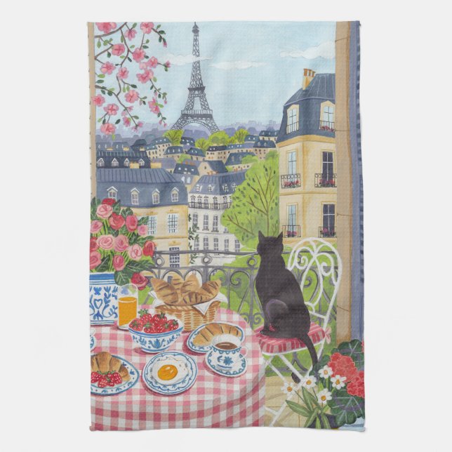Paris Balcony Cat Breakfast Eiffel Tower Tea Towel Kökshandduk (Vertikal)