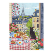 Paris Balkong Frukost Katt Eiffeltornet Vy Konst