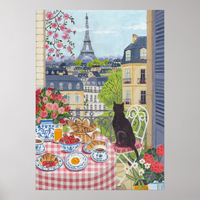 Paris Balkong Frukost Katt Eiffeltornet Vy Konst Poster (Framsidan)