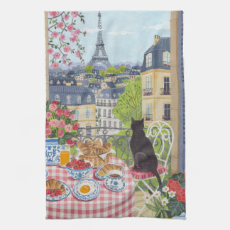 Paris Balkong Katt Frukost Eiffeltornet Tea Towel Kökshandduk