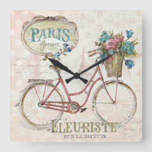 Paris Bike with Flowers in Front Fyrkantig Klocka