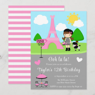 Paris Birthday Brunette Hair Girl and Pudel Inbjudningar