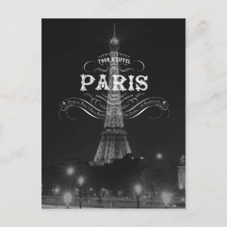 Paris Black and White Travel Postcard Eiffel Torn Vykort